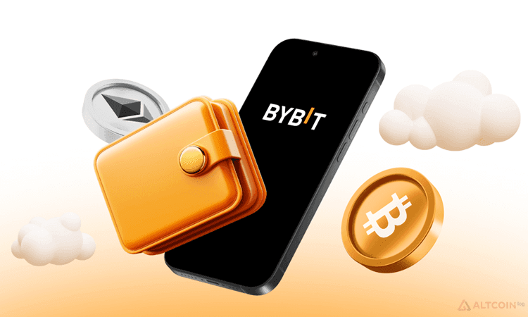 Bybit Earn visual: wallet, crypto assets, and smartphone.