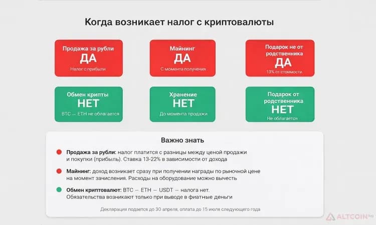 Основные случаи, при которых возникает налог на криптовалюту.