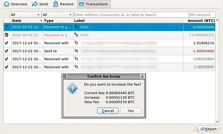 Неподтверждённая транзакция Bitcoin и увеличение комиссии до подтверждения.