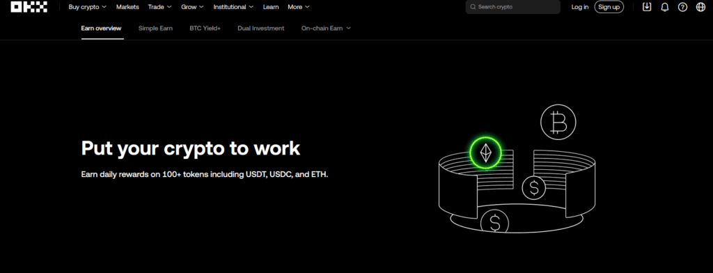 OKX Earn dashboard with crypto savings options.