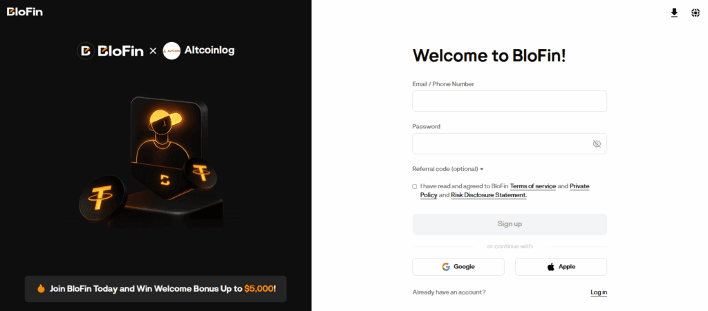 Blofin sign-up page screenshot.