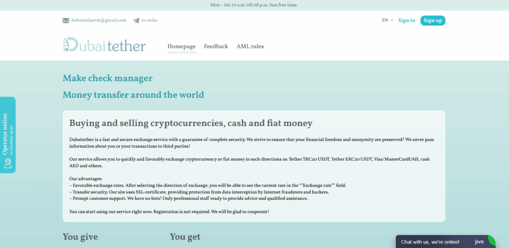 Dubaitether supports ERC20, TRC20 USDT, and Visa/MasterCard RUB payments.