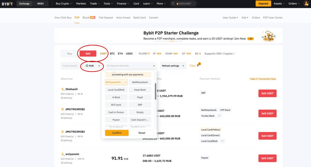 If you want to convert USDT back into fiat, use the P2P system and the “Sell USDT” tab