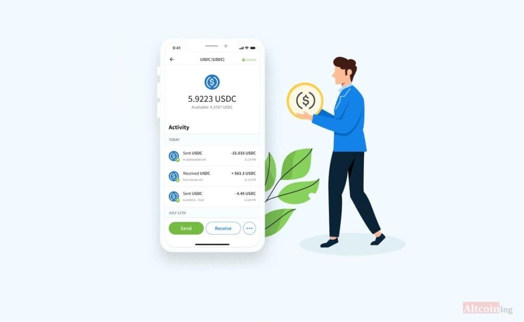 Mobile wallet interface showing USDC storage options.