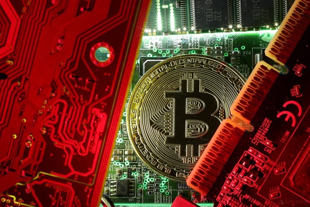 Bitcoin mining equipment illustration.