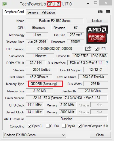 Память на видеокарте RX 580 samsung