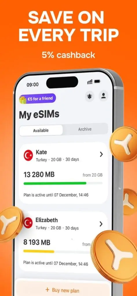 Экран My eSIMs в приложении Yesim: пакеты и остаток трафика. Официальный скриншот разработчика из App Store.